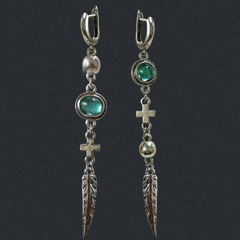 Wholesale Green Stone Cross Feather Metal Pendant Tassel Vintage Earrings